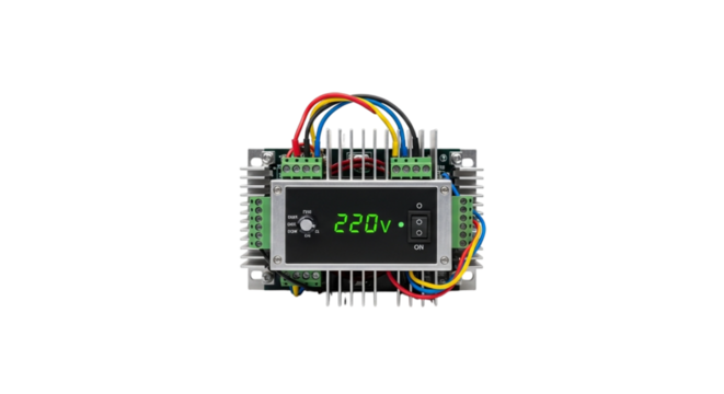 Green electronic circuit board with cable connections, a key component of computer power supply and hardware technology