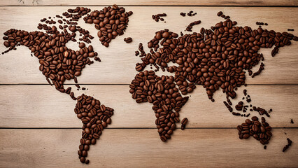 Coffee beans arranged into a world map flat-lay concept. Represents global coffee trade and storytelling visuals. Ideal for editorial and microstock commercial use.