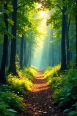 Fototapeta premium Abstract representations of paternal mirth resonating through natural elements. A vibrant forest scene with sunlight filtering through leaves, creating playful, energetic patterns on the ground.