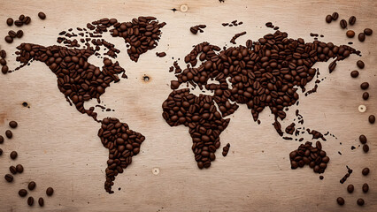 Coffee beans arranged into a world map flat-lay concept. Represents global coffee trade and storytelling visuals. Ideal for editorial and microstock commercial use.