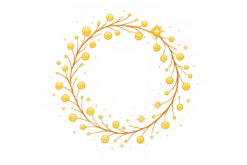 Sparkling gold circular wreath vector design with glowing lights, festive decoration element on transparent background