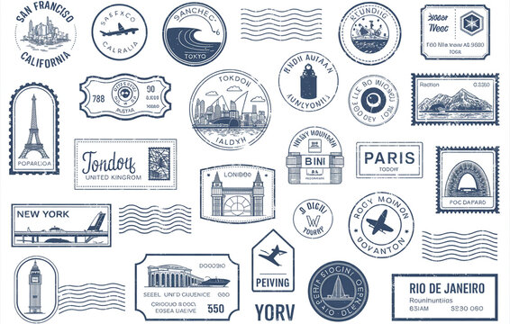 Passport Stamps Collection Featuring Global Destinations and Travel Icons for Scrapbooking and Crafts