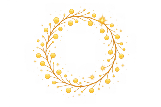 Sparkling gold circular wreath vector design with glowing lights, festive decoration element on transparent background