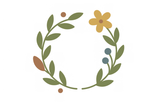 Floral wreath creating a botanical border with a simple yellow flower and green leaves on transparent background - Powered by Adobe