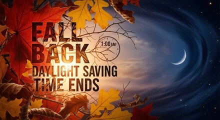 Fall Back Daylight Saving Time Ends Autumn Leaves Clock Change Winter Season Reminder