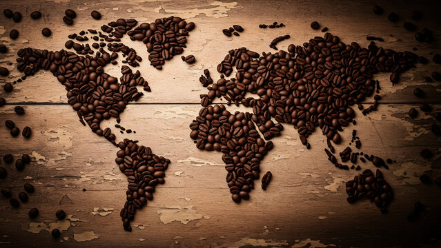 Coffee beans arranged into a world map flat-lay concept. Represents global coffee trade and storytelling visuals. Ideal for editorial and microstock commercial use. - Powered by Adobe