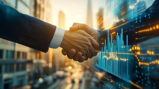 Two business people shaking hands in a modern city setting with digital data overlay