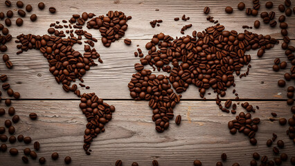Coffee beans arranged into a world map flat-lay concept. Represents global coffee trade and storytelling visuals. Ideal for editorial and microstock commercial use.