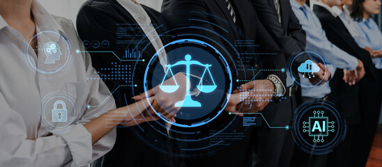 A powerful depiction of unity among legal professionals with digital elements representing justice,...