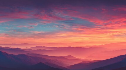 Obraz premium Layered mountain ranges glow under a vibrant, colorful twilight sky