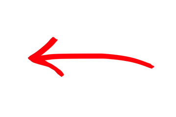 A vibrant red hand drawn arrow pointing to the left with a curved tail isolated on transparent...