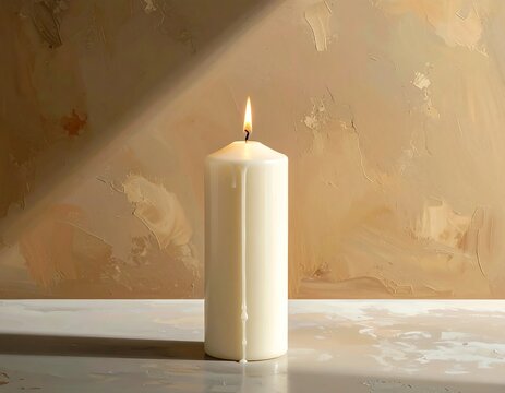Lit ivory pillar candle on a reflective surface with textured backdrop - Powered by Adobe