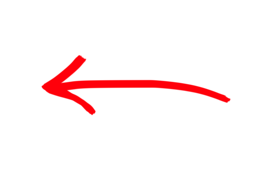 A vibrant red hand drawn arrow pointing to the left with a curved tail isolated on transparent background