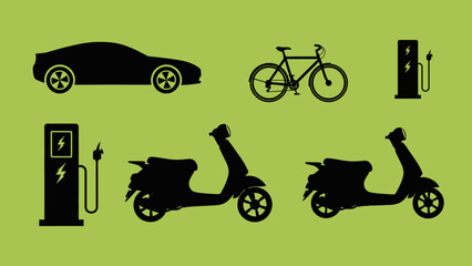 Sustainable Transportation Icons: Electric Car, Bike, and Scooters with Charging Stations