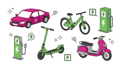 Electric Vehicles and Charging Stations Illustration for Sustainable Transportation