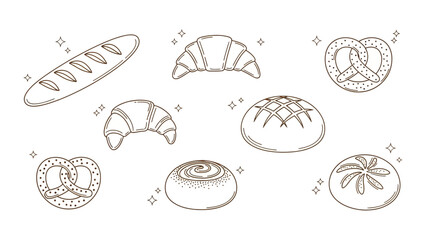 Hand-Drawn Bakery Pastries: Fresh Bread, Croissants, and Pretzels Line Art Illustration