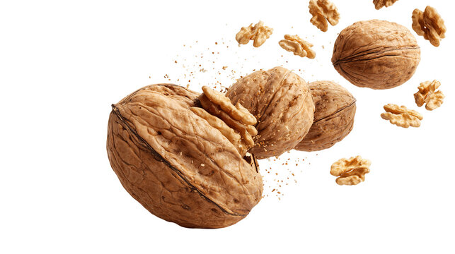 Whole and crushed walnuts close-up in the air on a white background
