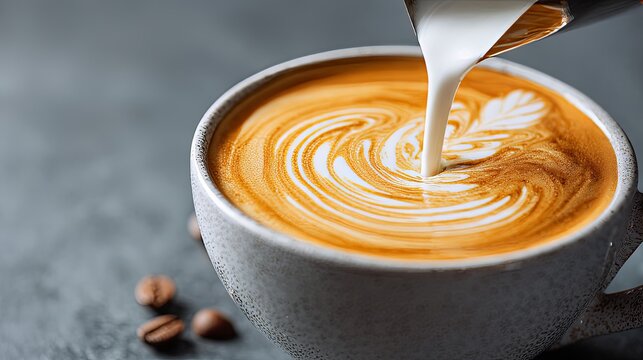 Barista pours steamed milk into an espresso beverage to create elaborate foam art