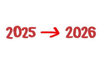 Red numbers 2025 and 2026 with a red arrow pointing from 2025 to 2026 isolated on transparent background