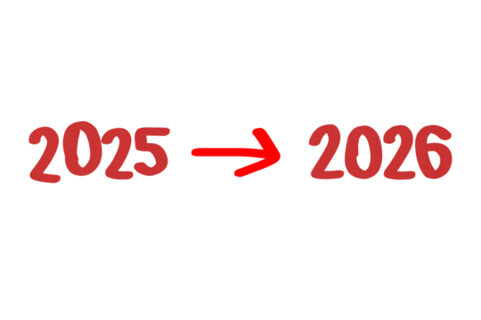 Red numbers 2025 and 2026 with a red arrow pointing from 2025 to 2026 isolated on transparent background