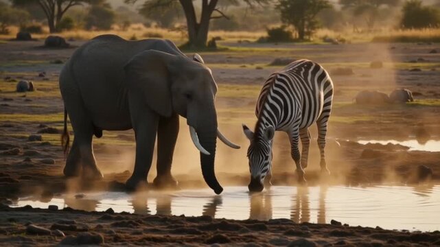 Elephant and Zebra Drinking Water