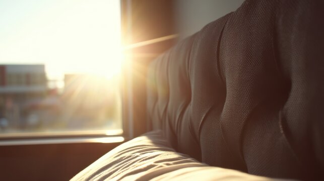Morning light streaming through a cozy bedroom window capturing serenity and comfort urban setting close-up view
