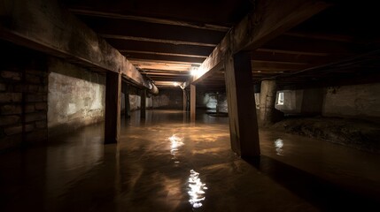 Subterranean space beneath a structure shows significant standing water beneath wooden support beams