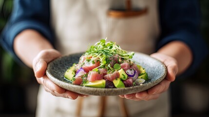 Chef presents freshly prepared raw fish salad with avocado and sprouts on a rustic plate
