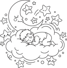 Cute Sleeping Child on Cloud with Smiling Moon - Dreamy Kawaii Coloring Page