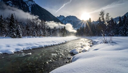 A winter landscape features a snow-covered river winding through a forest towards majestic mountain peaks. The sun shines brightly