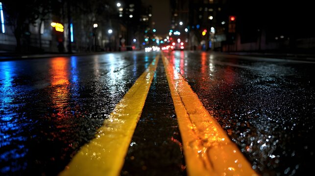 Wet asphalt street surface displays vibrant light reflections during a dark urban night