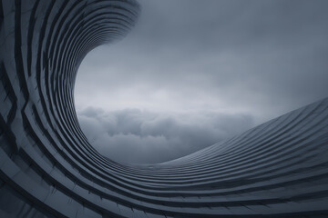 modern architecture, futuristic curved building under cloudy sky, with a modern, cold atmosphere and emotional abstraction