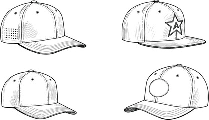Baseball cap four design variations, front angled views, curved brim, six panel structure, side panel graphics, cad drawing flat vector illustration