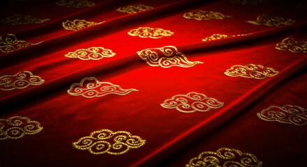 Golden auspicious cloud patterns adorn the rich red satin fabric creating an appealing scene