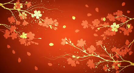 Golden cherry blossoms are scattered around on a luxurious crimson surface, like a dream