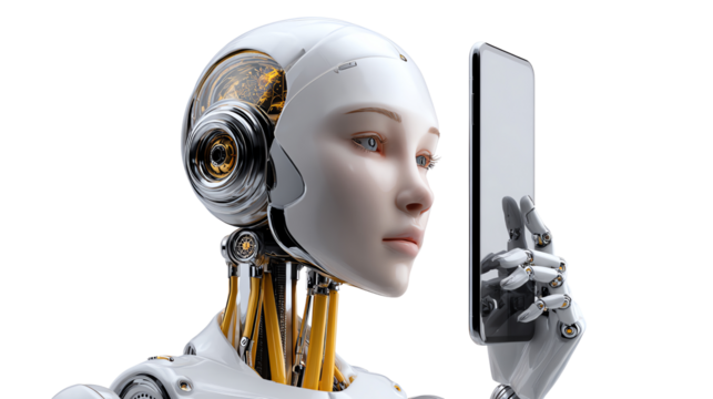 Android holding Tablet: A cutting-edge android gazes at a tablet, highlighting the fusion of technology and human-like design. This image explores the future of artificial intelligence. 