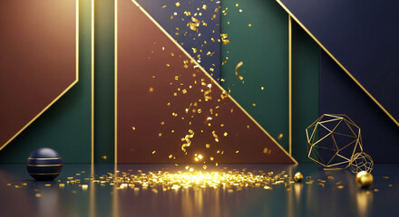 Golden confetti falls onto a glossy surface near a striped ball and geometric structures