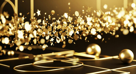 Golden confetti stars, circles, and squares rain over shining golden spheres and line framework