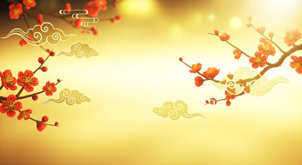 Golden landscape features stylized plum blossoms and traditional cloud patterns creating a radiant scene