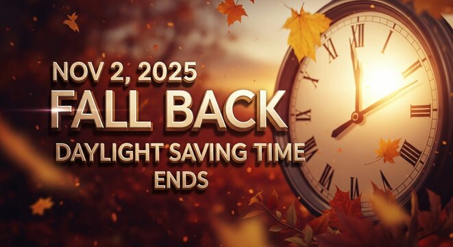 Fall Back Daylight Saving Time Ends November 2nd 2025 Clock Change Reminder Autumn Leaves
