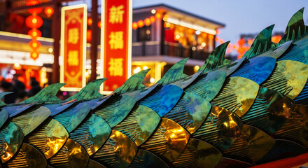 Illuminated dragon scales reflect vibrant colors during traditional Chinese New Year celebration outside