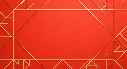 Intricate gold lines form geometric patterns against a textured red background creating a decorative border