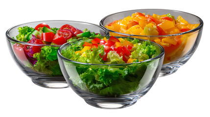 Fresh Garden Delights: A vibrant trio of glass bowls bursts with fresh salads, each a colorful composition of crisp greens, juicy tomatoes, and vibrant peppers, a celebration of healthy eating.