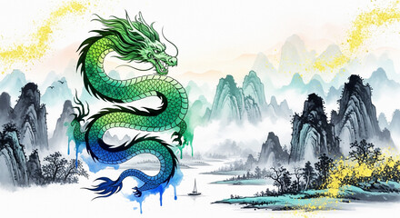Lush green dragon elegantly curves before misty mountains in an Asian inspired ethereal setting