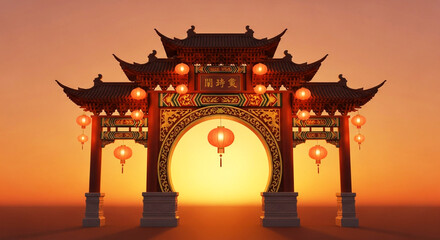 Ornate Chinese gate illuminated with hanging lanterns sits serenely against a warm sunset glow