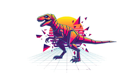 Dynamic retro synthwave dinosaur robot art with vibrant sunset and neon grid, capturing futuristic retro vibes and bold graphic style.