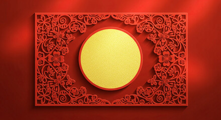 Ornate floral papercut art in red with a golden circle, casting a soft shadow
