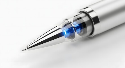 Extreme close-up of a sleek, silver, metallic pen tip with a clear section revealing an internal blue glowing light, symbolizing digital writing or signing