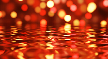 Reflected bokeh lights shimmer on flowing water with red and gold tones creating depth
