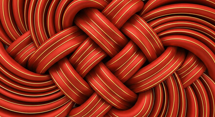 Seamless looping red fabric strips with golden lines creating decorative knot structure